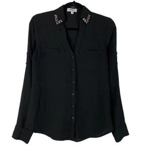 Express Black The Portofino Botton Down Shirt With Gem Embellished Collar Detail
